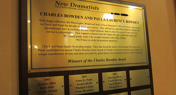 The Charles Bowden Actor Award plaque at New Dramatists