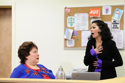Janice Duclos and Angela Brazil in <I>The Receptionist</I> at Trinity Rep, directed by Curt Columbus. Photo by Mark Turek