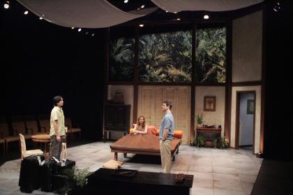 Greg Watanabe, Marin Hinkle and Mather Zickel in <I>Extraordinary Chambers</I> at the Geffen Playhouse. Photo by Michael Lamont.