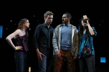 Maria Dizzia, Barrett Foa, Alfredo Narciso, and Sue Jean Kim in the Playwrights Horizons production, photo by Joan Marcus