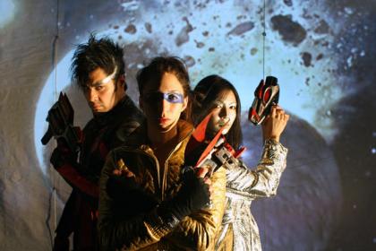 Noshir Dalal, Melissa Paladino, & Maureen Sebastian in Vampire Cowboys production of Fight Girl Battle World (2008))