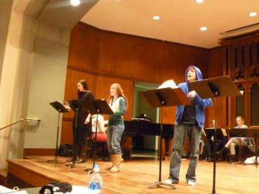Marie Lemon, Brittany Dye, and Kevin Hoffman rehearsing String during Millikin University NAMT residency.