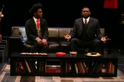 Mikeah Jennings and Douglas Scott Streater in <I>The Shipment</i>. Photo by Paula Court