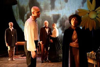 Bryant Bradshaw, Amelia Workman, Michael Kevin Ryan, James Himelsbach and Eva Patton in <I>Man-Made</i>. Photo by Susan Cook.