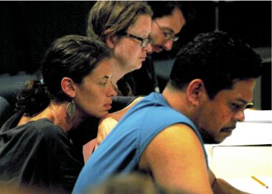 Tanya Palmer, Eddie Torres, and Hudes in workshop at the Eugene O'Neill Theatre Center