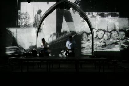 The opening video of <I>Red Again</I>. Photo by T. Charles Erickson