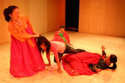 The ensemble in <I>Songs of the Dragons Flying to Heaven</i>. Photo by Carl Skutsch