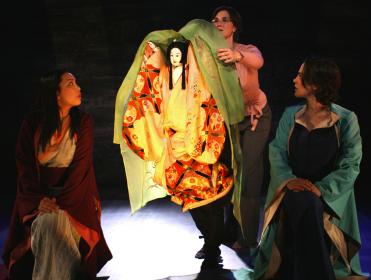 Sophia Skiles, Otome Bunraku Puppet (operated by Masaya Kiritake), Margi Sharp & Anna Wilson in <I>Thousand Years Waiting</I>.