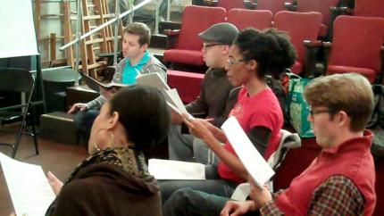 Actors rehearsing the songs from the musical DoubleTime @ New Dramatists, NYC for the Loewe Award.
